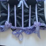 Top Drawer Steel Boned Black Satin Overbust Corset w Lavender trim & bow, 5XL🖤 Size 5X Photo 2