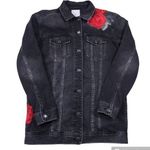 American Eagle Denim Jacket Oversized Embroidered Floral Rose Black Red Size XS Photo 0