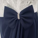 Vintage 80s Lace Bodice Cocktail Dress Embellished Bow Puff Sleeve White Navy 6 Photo 3
