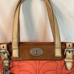 Fossil ‎ Key-Par Coral Quilted Handbag Tote with leather trim double handles Photo 2