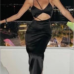 ZARA Black Asymmetric Satin Midi Dress Size Large Cut Out Sexy Cocktail Wedding Photo 0