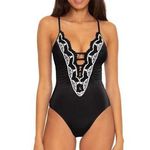 BECCA by Rebecca virtue Becca Delilah Clare Plunge One-Piece Swimsuit Black Embroidered Size Large Photo 0