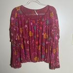 Free People  Maroon Floral Boho Ruffle Sleeved‎ Top | Medium Photo 2