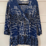 Traveler Size 3 Blue White Multi Pattern Top Faux Wrap Blouse Chicos XL Photo 0