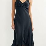 Vintage 90s Black Y2K 100% Silk Asymmetrical Hem Slip Midi Dress Size 10 Photo 0