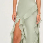 For Love & Lemons  Sawyer Satin Maxi Dress Desert Sage Green Small NWT Photo 0