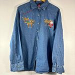 American Vintage Vintage Christmas Long Sleeve Denim Woven Shirt Embroidered Santa Moose XL Photo 0