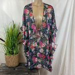 Jessica Simpson  Green Multi Color Floral Print Sheer Short Sleeve Swim Cover Top Photo 1