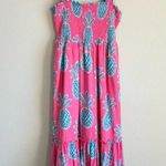 Crown & Ivy Women’s Dress M Pink Blue Pineapple Swiss Dot Smocked Maxi Beach Photo 8