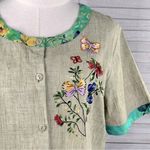 LOTUS Embroidered Button Front Top Linen Look Floral/Butterfly Photo 1