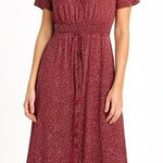 Womens Short Sleeve Maxi Dress Burgundy White Ditsy Floral Button Front Smocked Red Photo 0