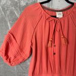 Knox Rose Coral Crinkle Gauze Romper Women’s Size Small Tassel Tie Boho Peasant Sleeve Photo 2