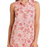 Sigrid Olsen 100% Linen Shirt Dress Size Small Red White Shell Ocean Print Photo 0