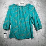 CHAPS Blouse M NWT Gold Metallic Paisley Peasant Top Teal Swirl Smocked Boho Photo 2