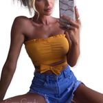 🆕Front Tie Yellow Strapless Bandeau Crop Top Size XL Photo 2