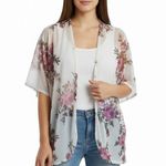 Discreet Kimono Shirt Cover Up Womens White Pink Floral Short Sleeve Loose Photo 0