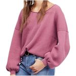 Free People  Shadow Crew Balloon Sleeve Sweater Pink Ribbed Knit Boho Size M Photo 0