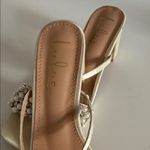 Lulus Karcen Ivory Satin Pearl Rhinestone High Heel Slide Sandals EUC Photo 3