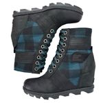 Sorel Lexie Wedge Lace Up Ankle Boots Leather Black Blue Plaid Size 10 Photo 5