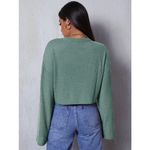 SheIn Medium Cropped Long Sleeve green ribbed tee round neck bishop sleeves​ Photo 3