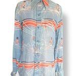 Vintage 70s JCPenney Fashions Top Western Print Blue Sheer Button Down Shirt Size M Photo 0