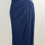 XScape Elegant Navy Blue Strapless Ruched Gown Embellished Waist Long Formal Evening Photo 0