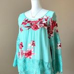 Aqua Green  Floral Crochet Lace Bell Sleeve Tunic Top Sz L Photo 2