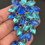 Vintage Unsigned Cobalt Blue & Teal Navette Marquis Rhinestone Leaf Brooch 20g. Photo 6