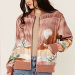 Hooey Satin Bomber Jacket XL Women’s Pink Desert Western Landscape Print Zip Up Brown Photo 0