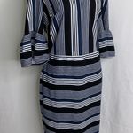 ECI Navy Blue &White Striped Bell Cuff Career Dressy Dress 6 NWT Photo 3