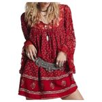 Free People  Nomad Child Red Lace Boho Flowy Floral Oversized Mini Dress Size XS Photo 3