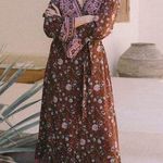 Aura [] Brown Floral Print Long Sleeve V-Neck Moroccan Wrap Maxi Dress Boho Sz XL Photo 0