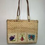 Rattan Straw Woven Shoulder Bag with Embroidery. Tan Photo 0