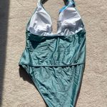 Cupshe NWT  Metallic Blue Green Sexy Ruched One piece Halter Tummy Swimsuit Photo 4