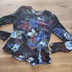 ZARA  small satin black floral long sleeve ruffle hem blouse Photo 0