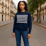 J.Crew  Women's Striped Button-Shoulder Crewneck Pullover Sz L‎ Blue Long Sleeve Photo 4