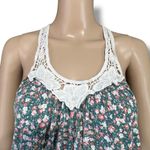 Forever 21 Womens Tank Top Crochet Scoop Neck Floral Print Green Pink Large Photo 1