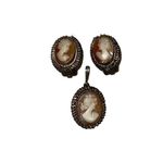 Antique German 800 Silver Cameo Pendent & Clip On Earrings Set Silver Photo 1