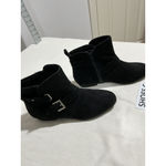 SO Womans  Wms Size 8 M Black Suede Bootie Side Zip Strap Buckle Photo 1