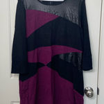 Alfani NWOT women’s faux leather black purple colorblock zip stretch knee dress Photo 0