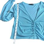 ZARA  Women Small Crop Top Blue Ribbed Knit Ruched Button Cardigan Shirt Photo 4