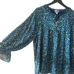 AnnieWear Los Angeles Boho Chiffon Blouse L Blue Green Ikat Ruffle Sleeve Size L Photo 2