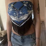 Blue Floral Stripe Fringe Bandana Tube Top L Strapless Tie Back Cotton Blend Size L Photo 0