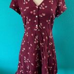 Loft  Burgundy Floral V-Neck Short Sleeve Ruffled Mini Button Shirt Dress Size 0 Photo 0
