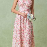 Rihoas Pink Floral Sweetheart Neck Shirred Slip Midi Dress Size M Photo 0