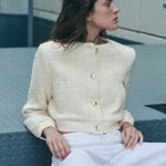 ZARA NWT Textured Weave Cropped Off White Bomber Jacket Sz L Photo 5