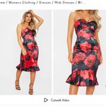 Pretty Little Thing Black Rose Print Satin Bandeau Frill Midi Dress size 10 us Photo 2