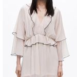 ZARA Ruffle Trim Plunge V-Neck Short Jumpsuit Elastic Waist Cream Women's Large Photo 0
