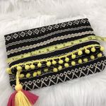 Just Fab Fold Over Bag Yellow Pom Pom Tassel Trim Colorful Clutch Purse Photo 10