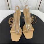 Schutz Vikki Crystal Embellished Ankle Wrap High Heel Sandals Tan 7.5 Leather Photo 14